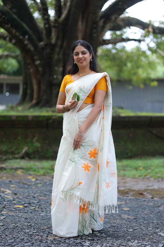 onam exclusive hand printed Kerala cotton saree