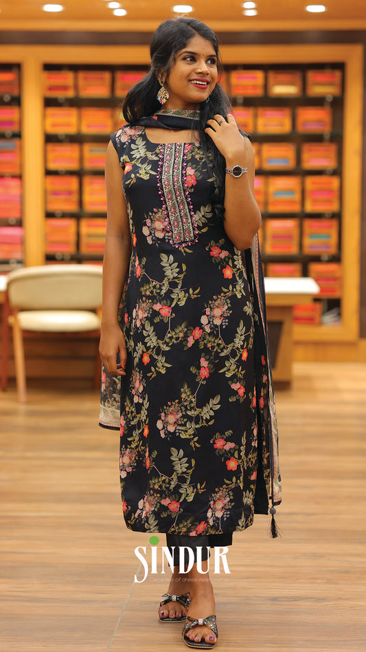 Floral Chiffon Hand-Embroidered Top with Printed Shawl & Cotton Silk Bottom | Code: 2006