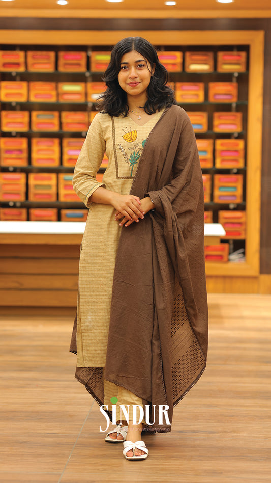 Semi-Tussar Self-Designed Set with Embroidered Yoke & Lace-Edged Shawl | Code : 2005