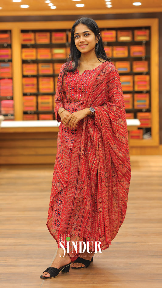 Ajrakh Printed Cotton Flared Top with Overlapped Neck & Soft Cotton Shawl