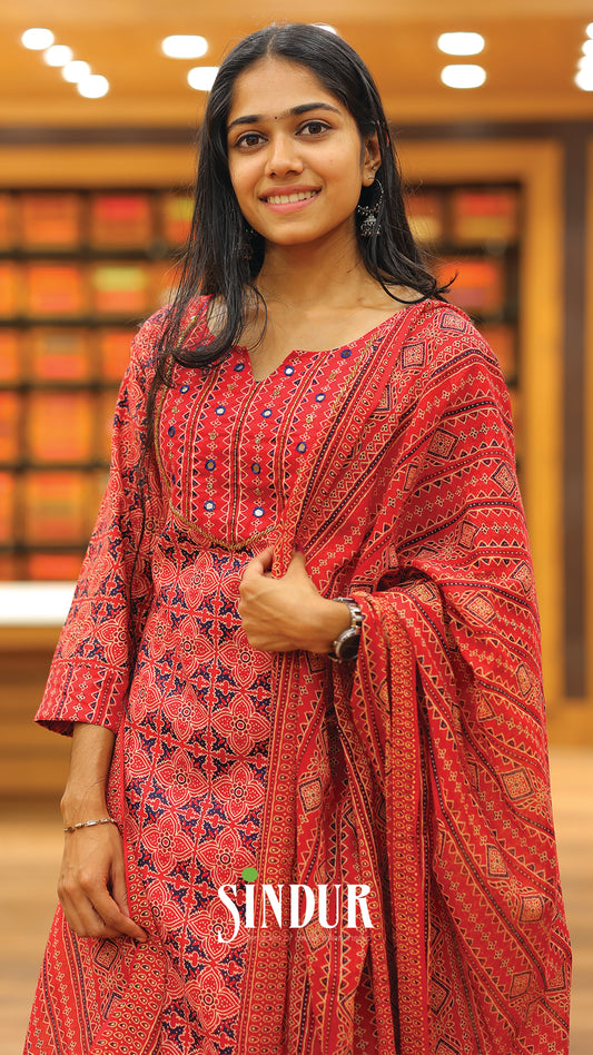 Ajrakh Printed Cotton Flared Top with Overlapped Neck & Soft Cotton Shawl