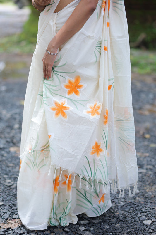onam exclusive hand printed Kerala cotton saree