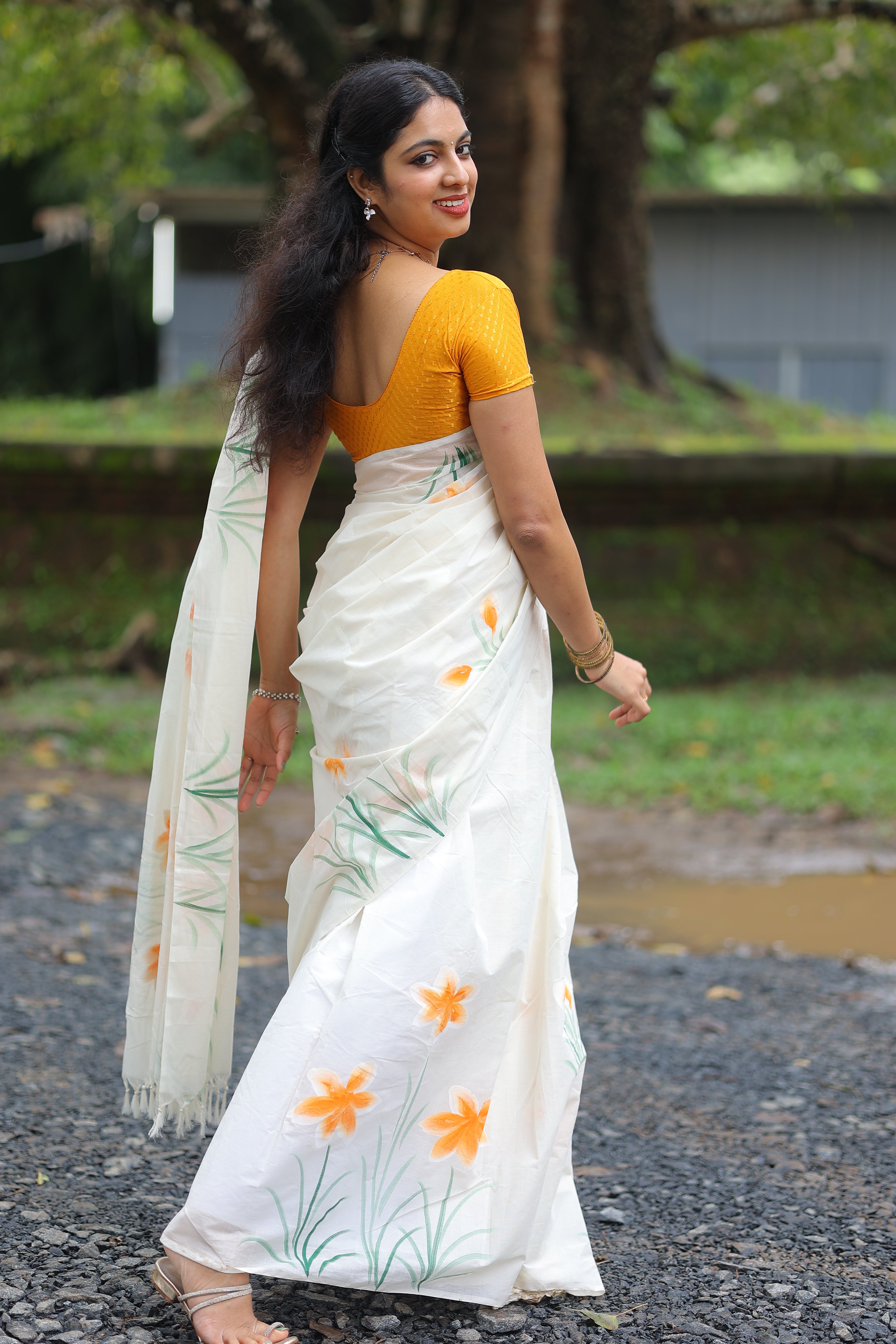 onam exclusive hand printed Kerala cotton saree