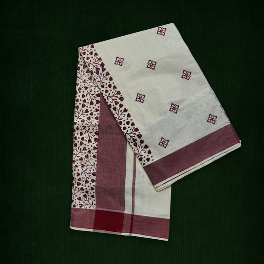 Block Print Pure Cotton Kerala Saree | A30