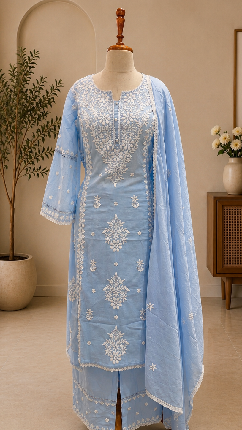 Mul Cotton Chikankari Embroidered Suit Set with Dupatta
