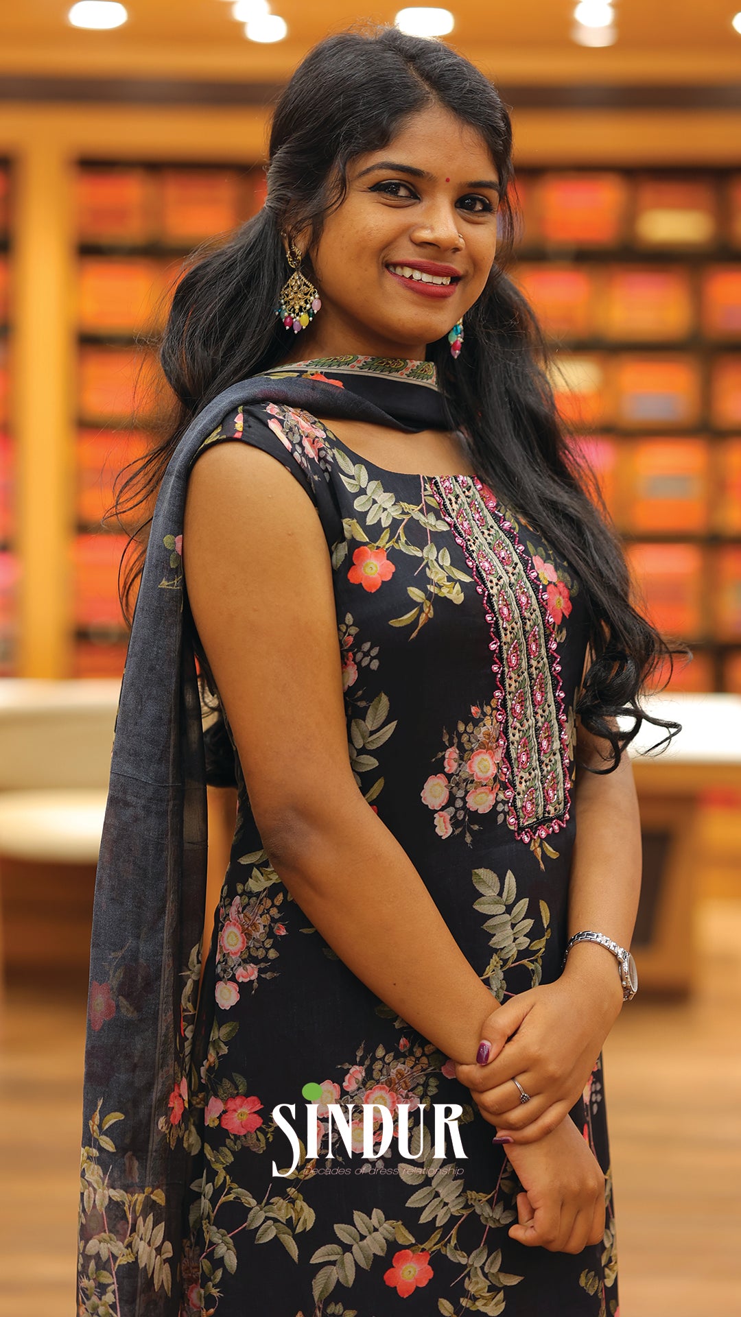 Floral Chiffon Hand-Embroidered Top with Printed Shawl & Cotton Silk Bottom | Code: 2006