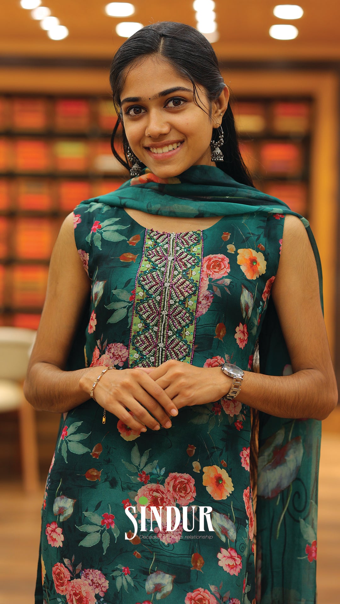 Floral Chiffon Hand-Embroidered Top with Printed Shawl & Cotton Silk Bottom | Code: 2006