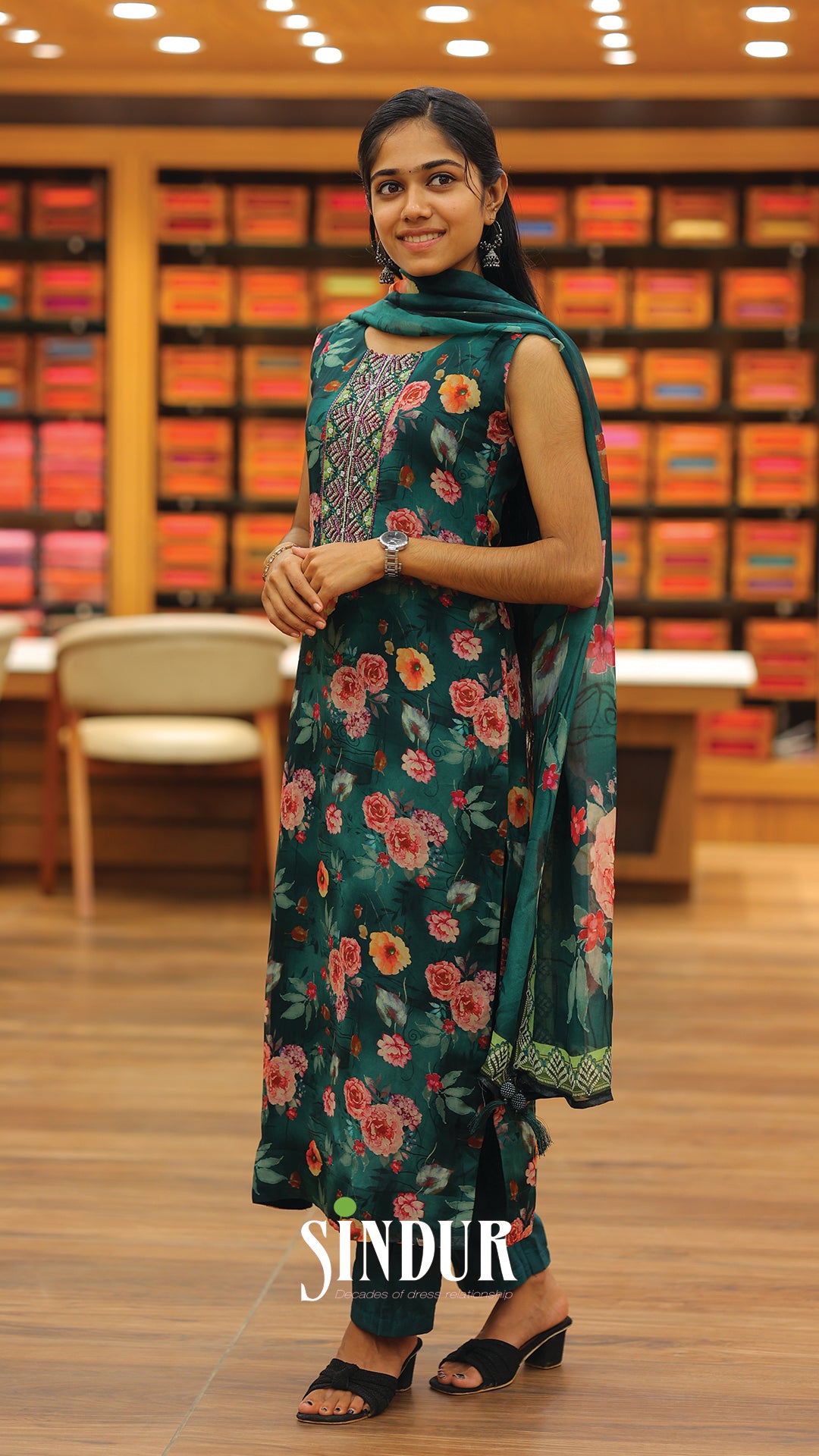 Floral Chiffon Hand-Embroidered Top with Printed Shawl & Cotton Silk Bottom | Code: 2006