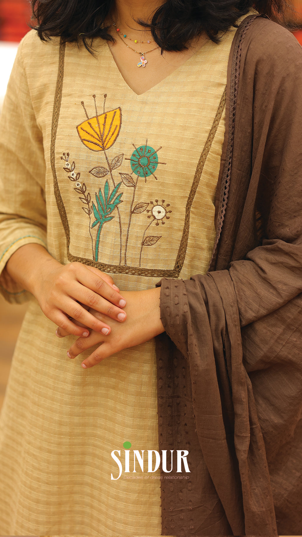 Semi-Tussar Self-Designed Set with Embroidered Yoke & Lace-Edged Shawl | Code : 2005
