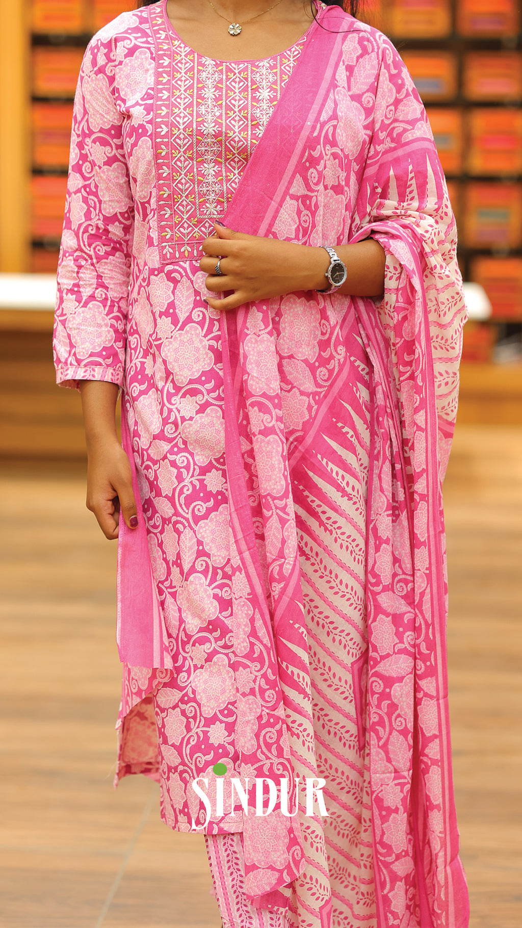 Embroidered Cotton Set with Digital Printed Body, Bottom & Shawl | Code :2003