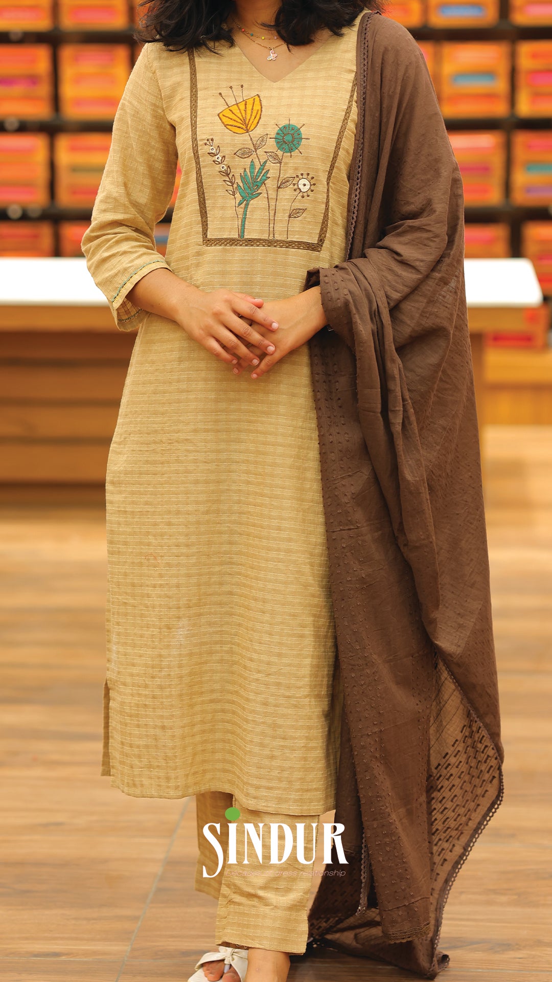 Semi-Tussar Self-Designed Set with Embroidered Yoke & Lace-Edged Shawl | Code : 2005