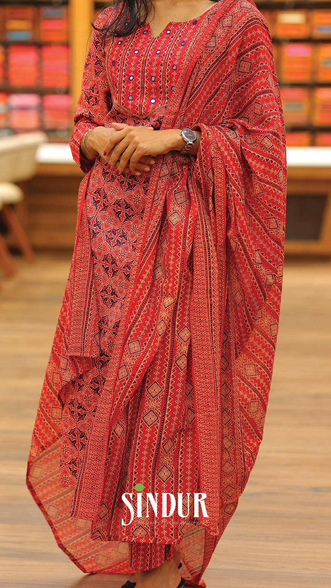 Ajrakh Printed Cotton Flared Top with Overlapped Neck & Soft Cotton Shawl