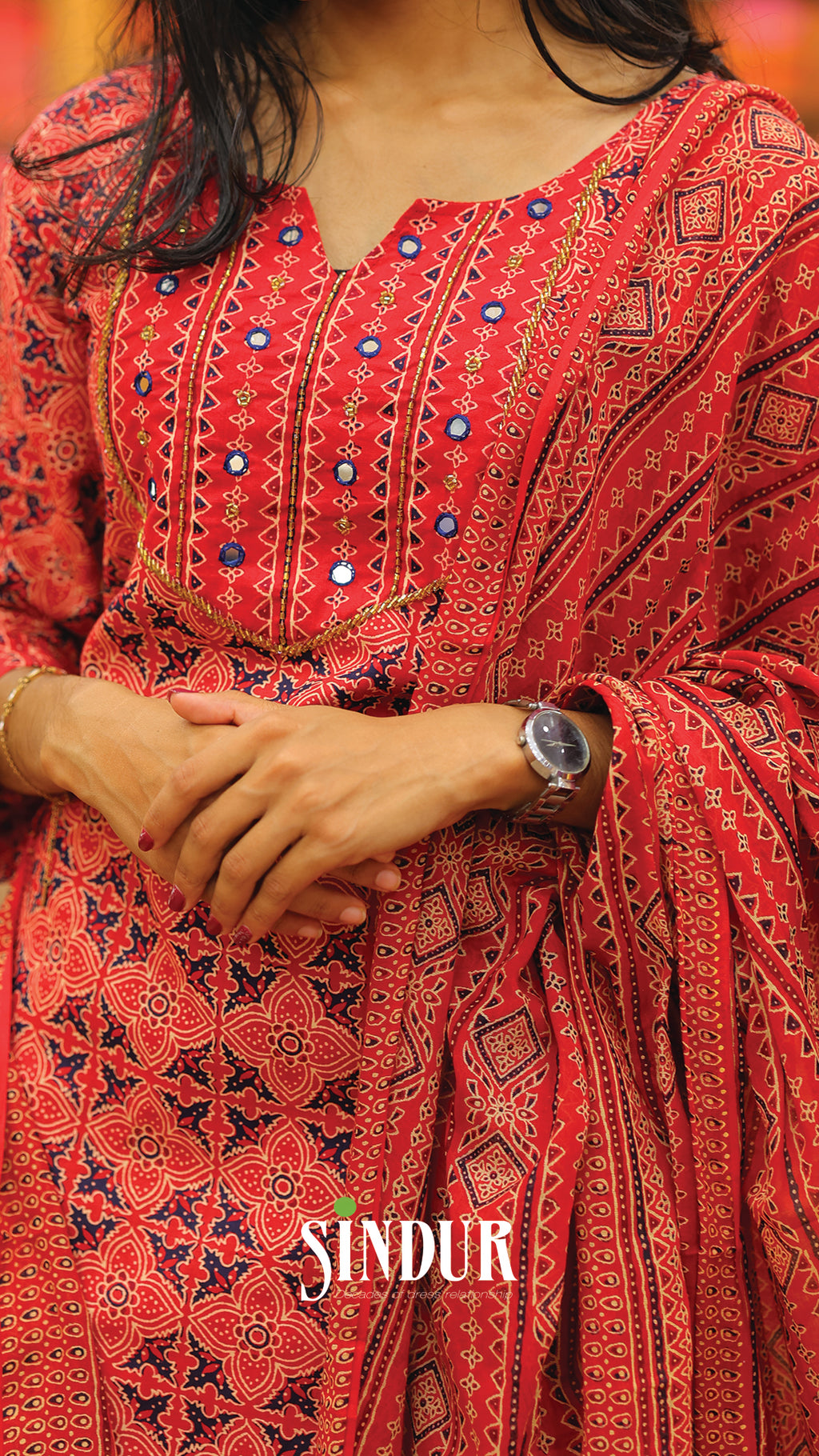 Ajrakh Printed Cotton Flared Top with Overlapped Neck & Soft Cotton Shawl