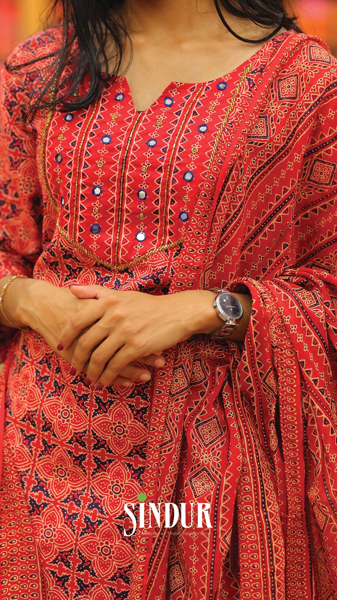 Ajrakh Printed Cotton Flared Top with Overlapped Neck & Soft Cotton Shawl
