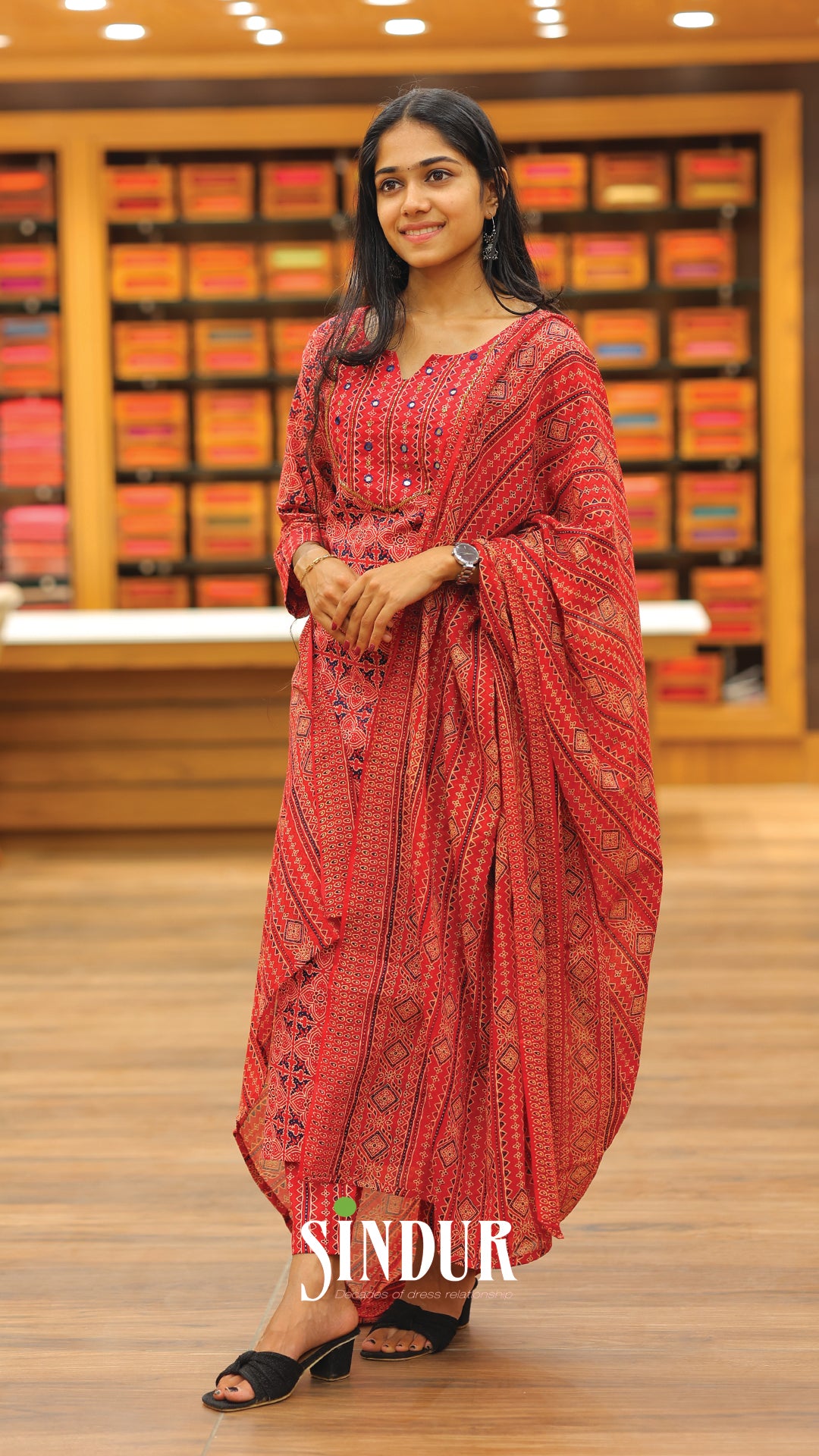 Ajrakh Printed Cotton Flared Top with Overlapped Neck & Soft Cotton Shawl